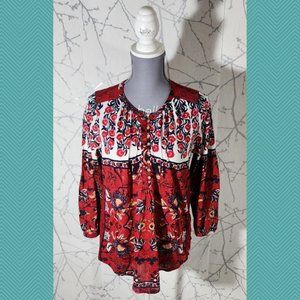 Lucky Brand Red Floral Printed Popover Peasant Blouse | Women's S